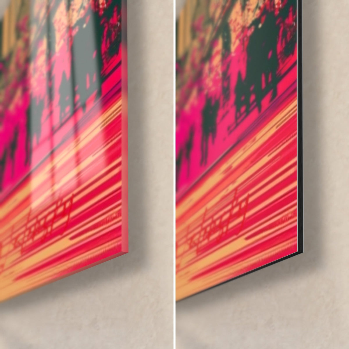 Schilderij man in pak wandelend, magenta en oranje flitsen, rechteronderhoek: glanzend glas links, mat Dibond rechts