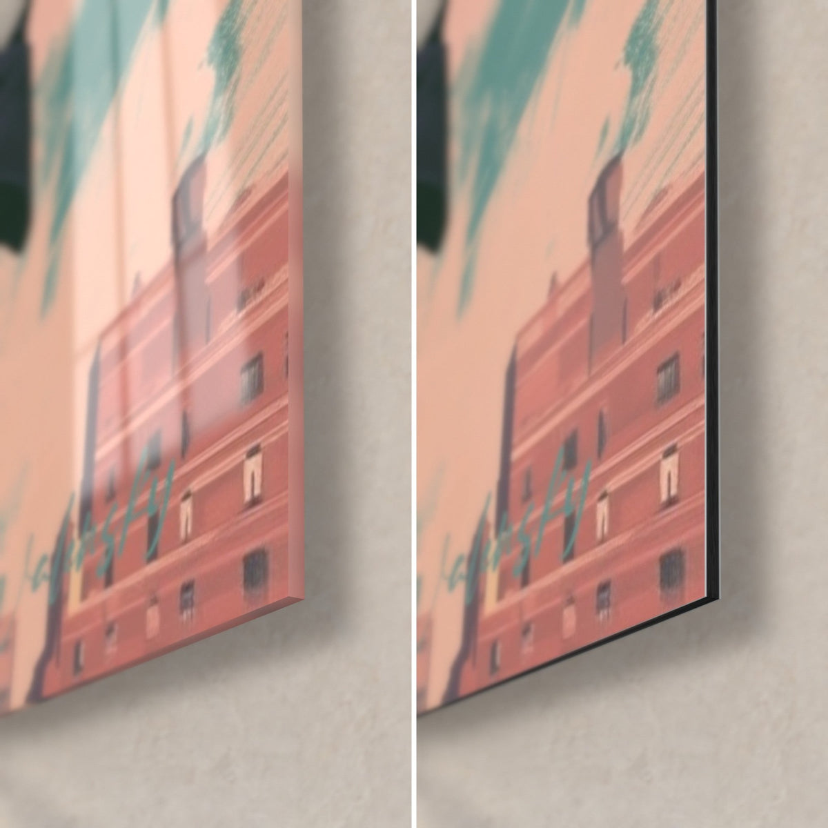 Gemälde Finanzier im marineblauen Anzug, Detail unten rechts: glänzendes Acrylglas links, matter Alu-Dibond rechts, 3 mm Kantenstärke