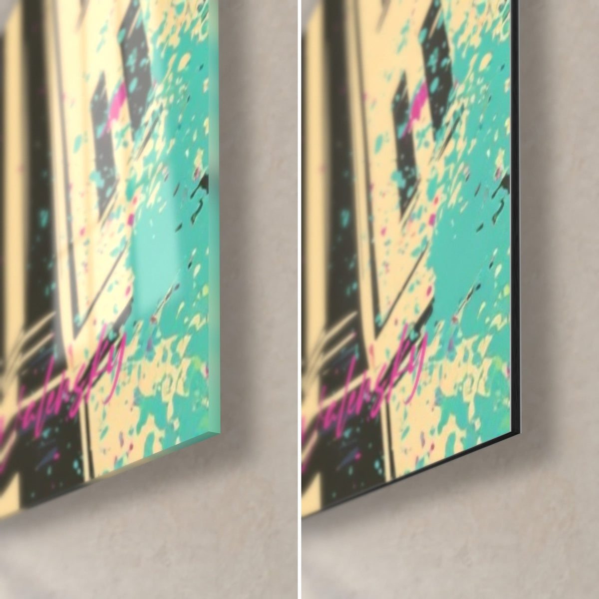 Wall art urban silhouette, bottom right corner: turquoise and cream, pink highlights, glossy acrylic glass on the left, matte Dibond on the right, 3 mm edge