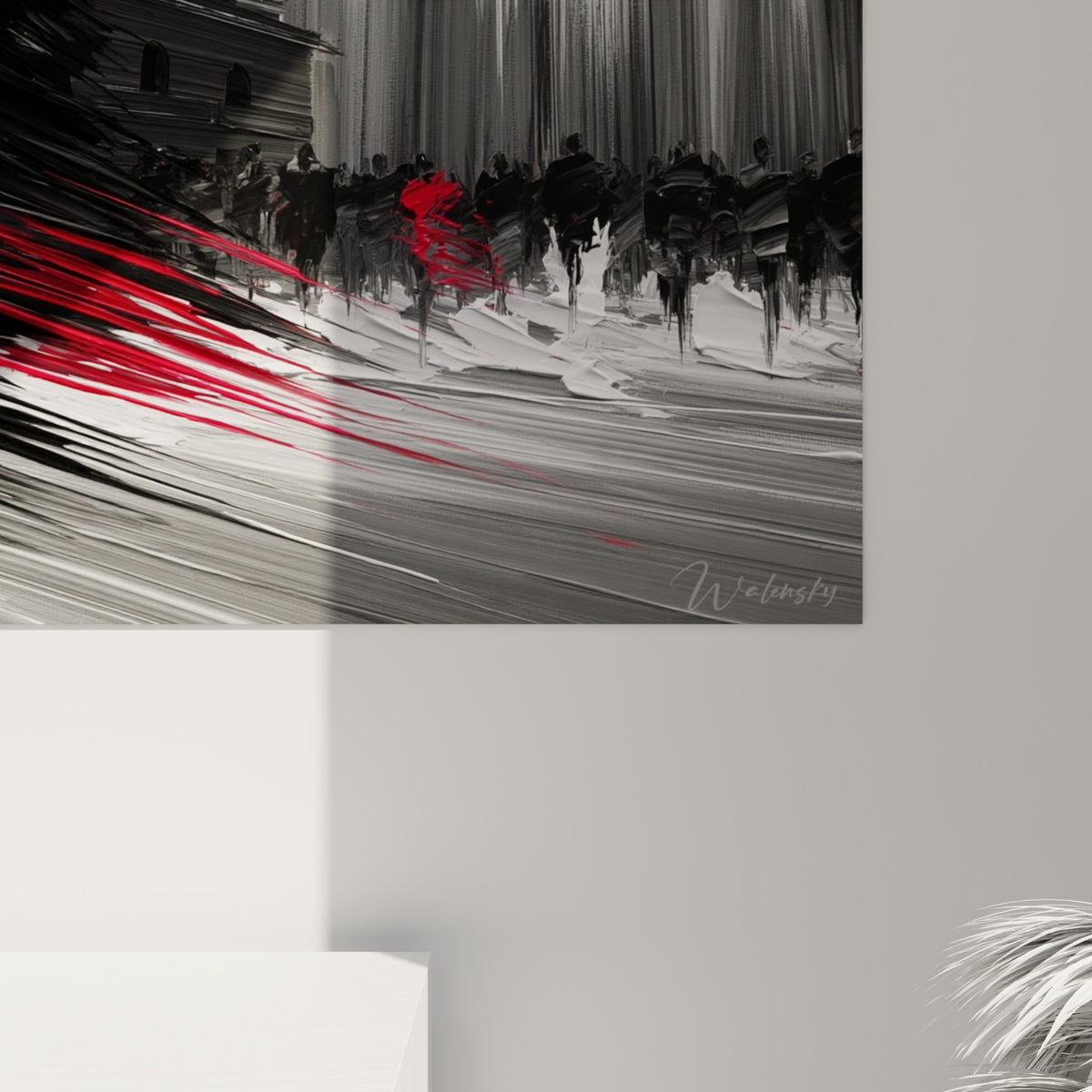 Empâtements gris et noirs se mêlant à des coulures rouge sang, grain de la toile visible en gros plan sur l'œuvre