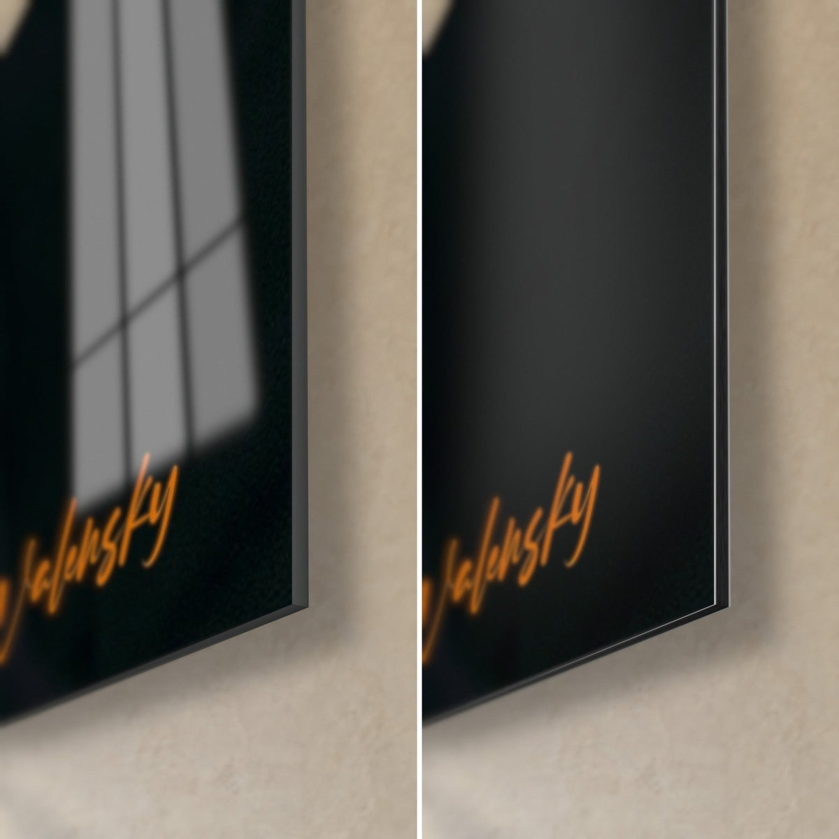 Wall art man in brown jacket, bottom right corner: glossy acrylic glass on the left, matte black Dibond aluminum on the right, 3 mm edge and orange signature