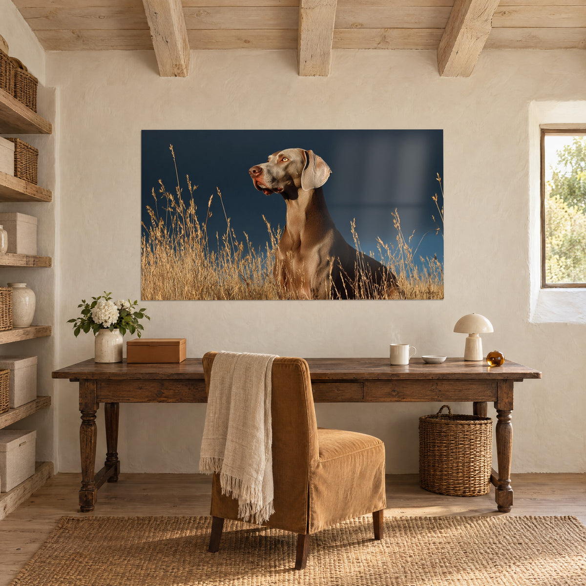 Cuadro retrato canino de pelaje topo cobrizo, oreja caída, gramíneas miel sobre azul profundo, escritorio de madera bajo vigas