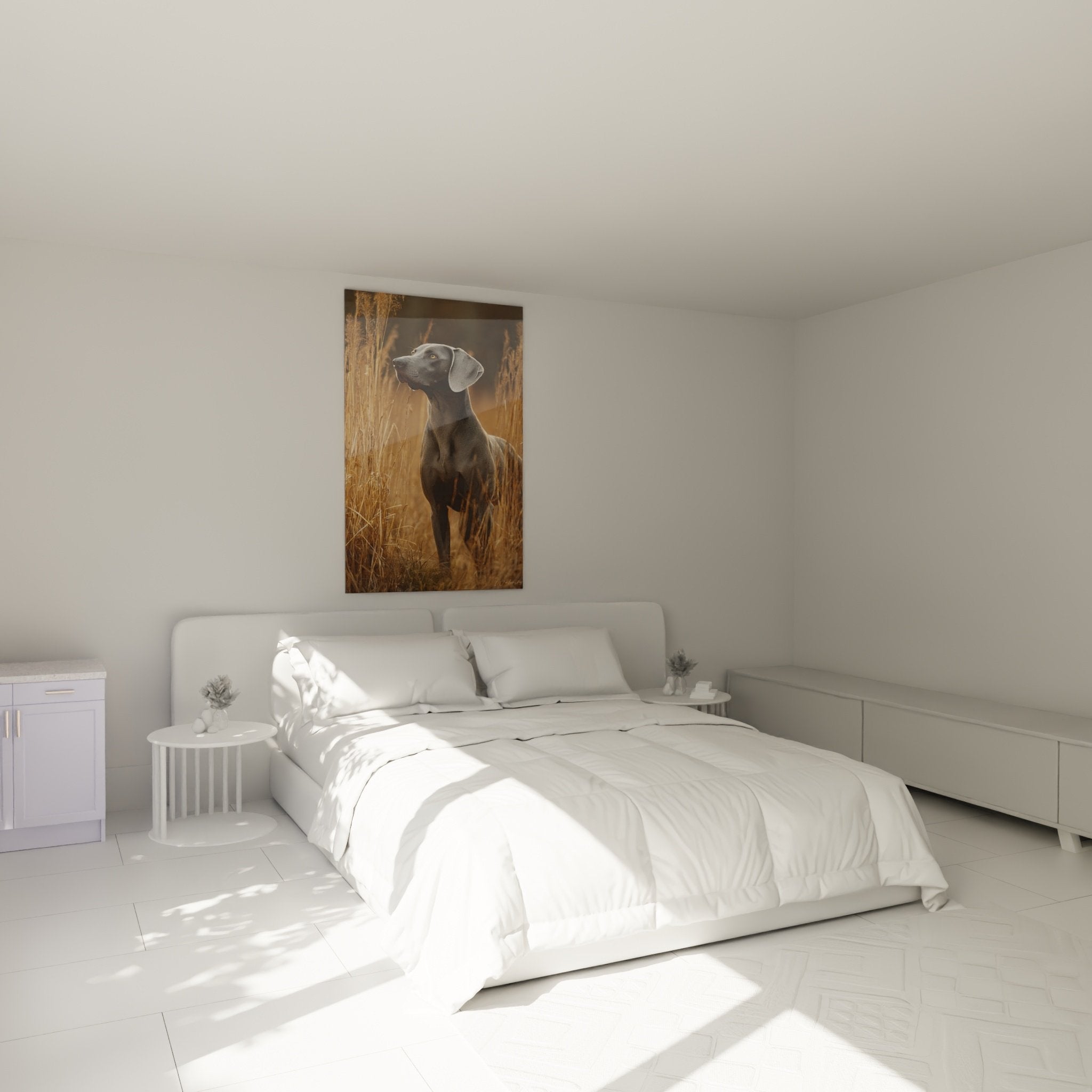 Tableau Weimaraner dans chambre moderne, ambiance chaleureuse avec tons dorés et beiges apaisants