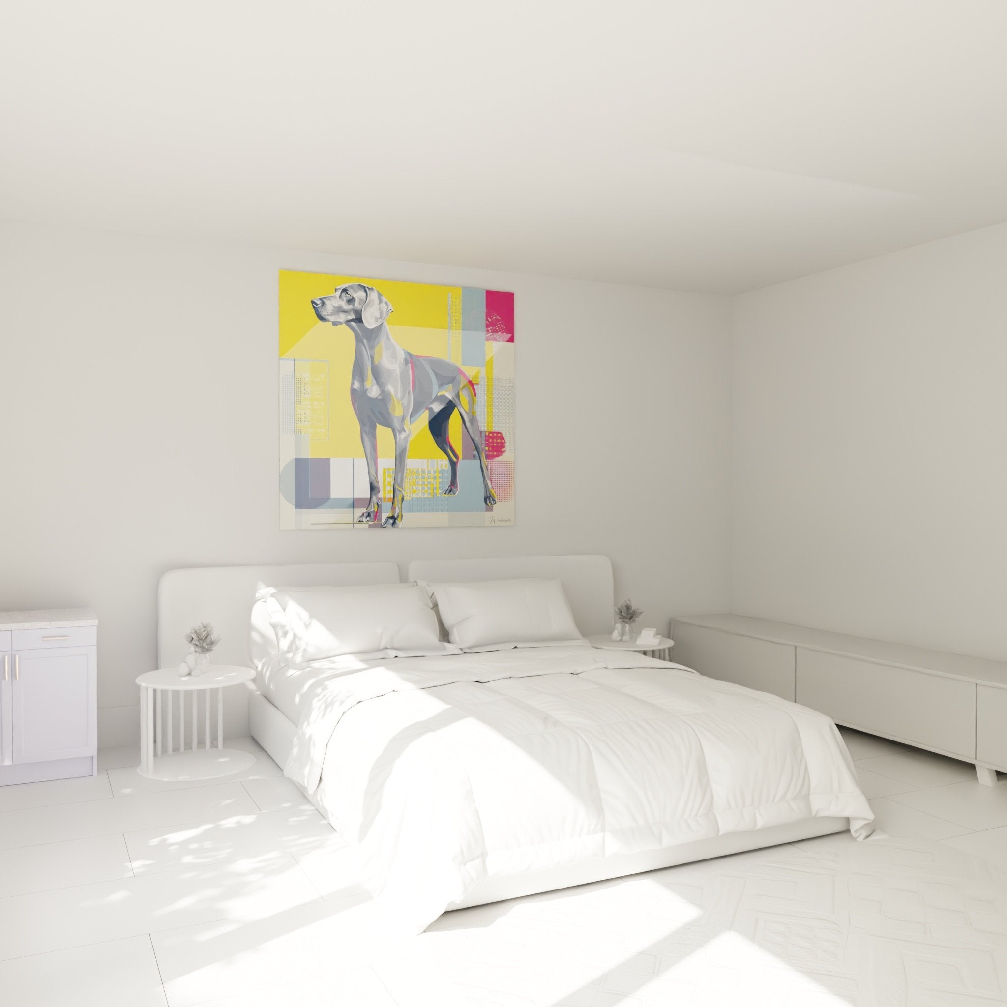 Tableau portrait Weimaraner dans chambre moderne decoration murale chien elegance contemporaine