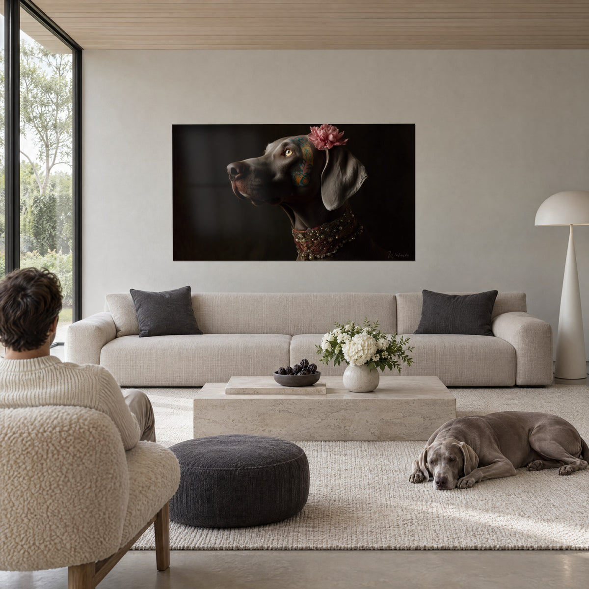 Πίνακας Weimaraner σε προβολή profil με γκρίζο-στάχτη τρίχωμα, ροζ λουλούδι με τσαλακωμένα πέταλα στο αυτί, πάνω από έναν καναπέ σε ένα φωτεινό σαλόνι