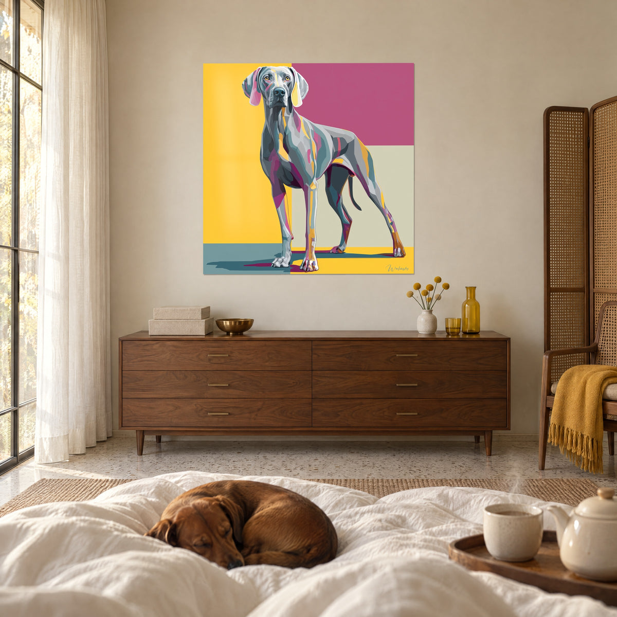 Πίνακας Weimaraner με ροζ και κίτρινα αυτιά, επίπεδα σε σιναπί και δαμασκηνί, κρεμασμένος πάνω από κρεβάτι σε φωτεινό υπνοδωμάτιο