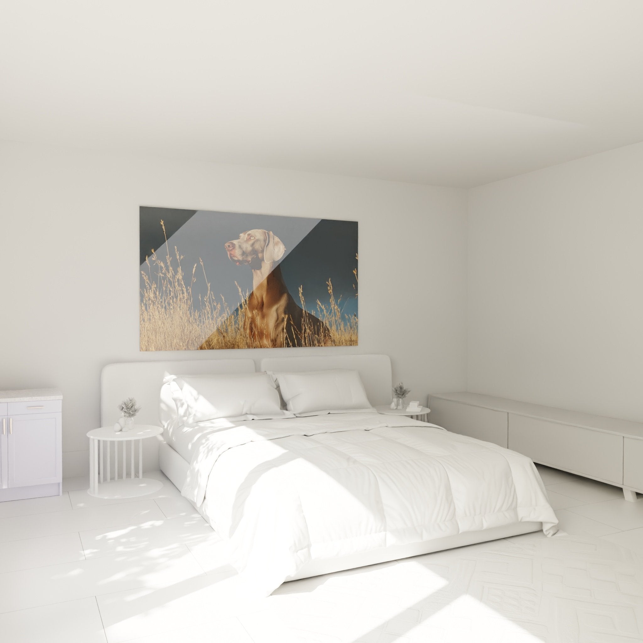 Tableau Weimaraner contemplatif dans chambre moderne aux tons neutres et mobilier bois clair