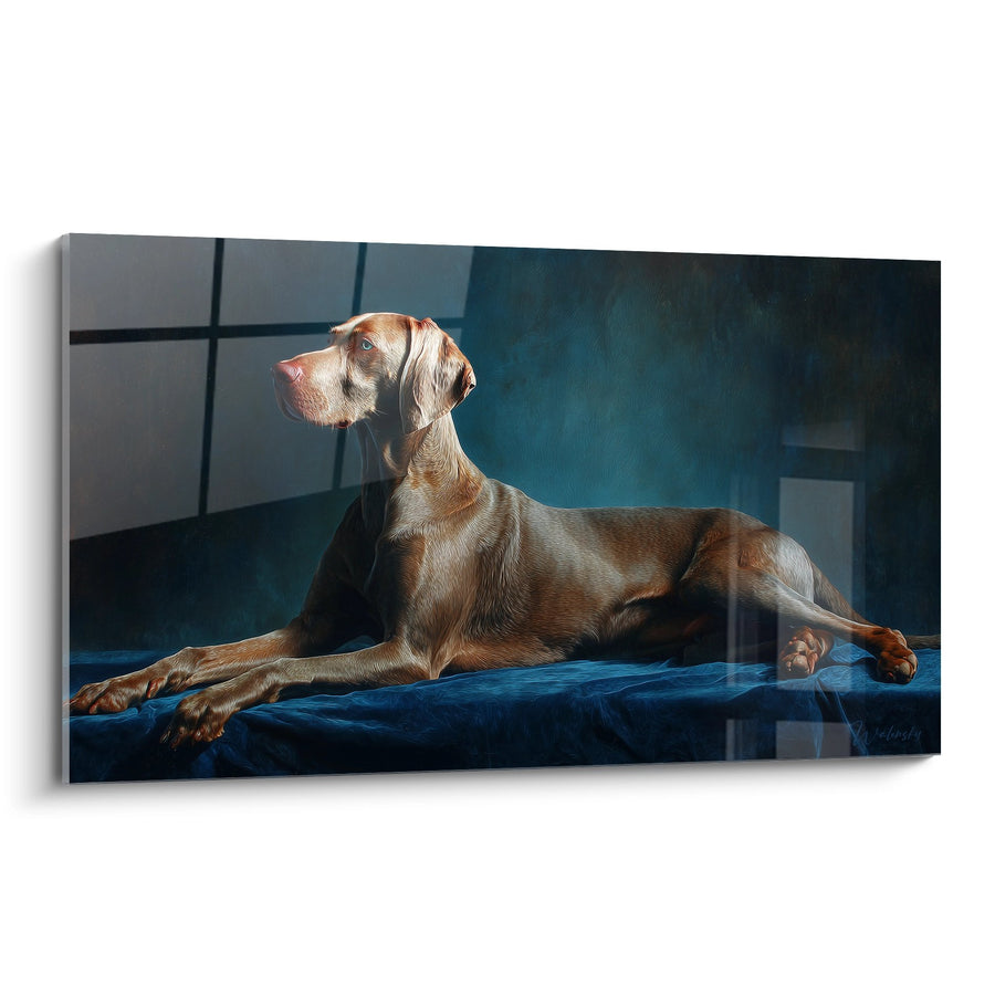 Tableau Chien Couché sur Tissu Bleu Élégant - Majesté Sereine - Edition Weimaraner