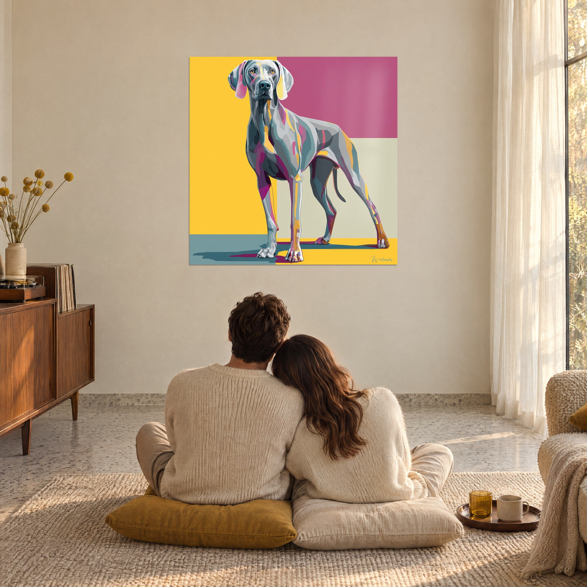 Πίνακας γκρι λαγωνικού σε στιλ pop art, μαύρο ρύγχος και χρυσαφένιο βλέμμα, κίτρινο και ροζ φόντο, μπροστά σε ζευγάρι καθισμένο στο πάτωμα, σαλόνι λουσμένο στο φως