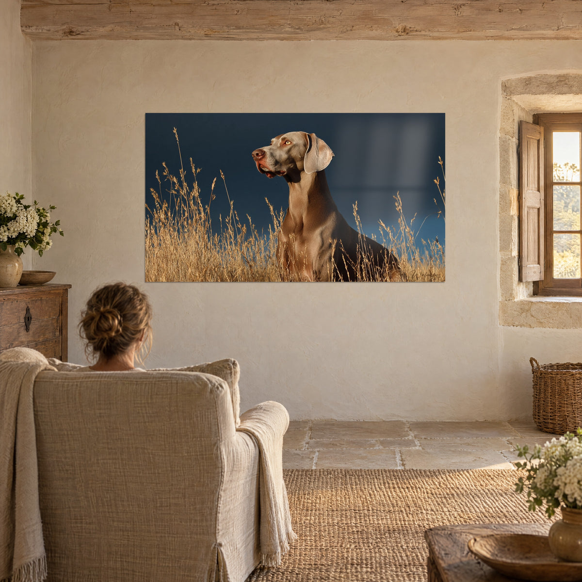 Cuadro perro gris de mirada ámbar vuelta hacia la luz, hierbas doradas sobre azul noche, sillón de lectura junto a una ventana