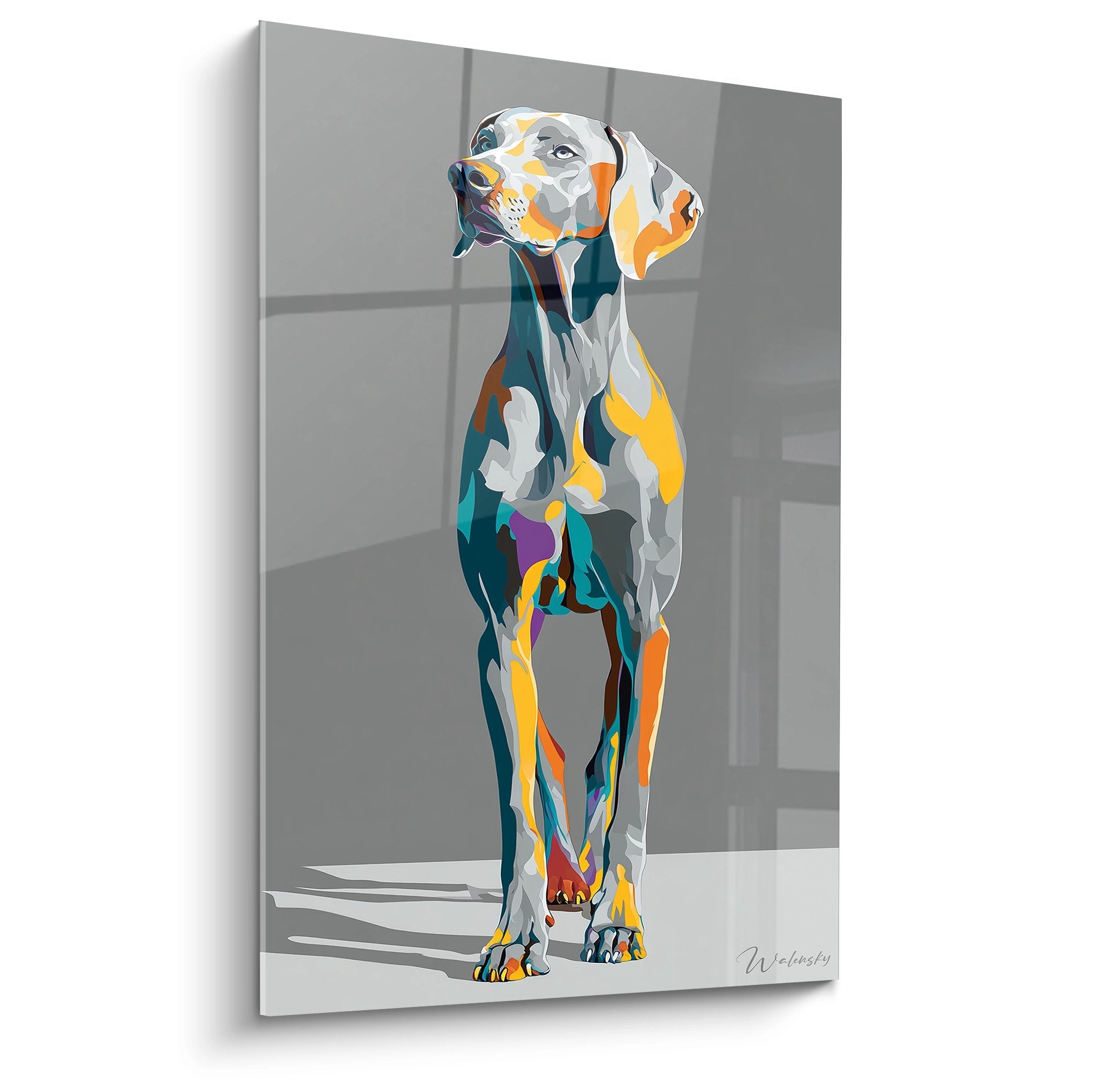 Tableau moderne de Weimaraner géométrique multicolore en posture élégante sur fond gris
