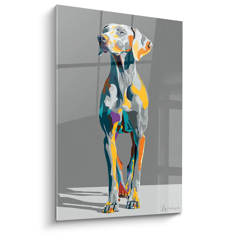Tableau Chien Géométrique Multicolore en Posture Élégante - Portrait Artistique Contemporain - Edition Weimaraner