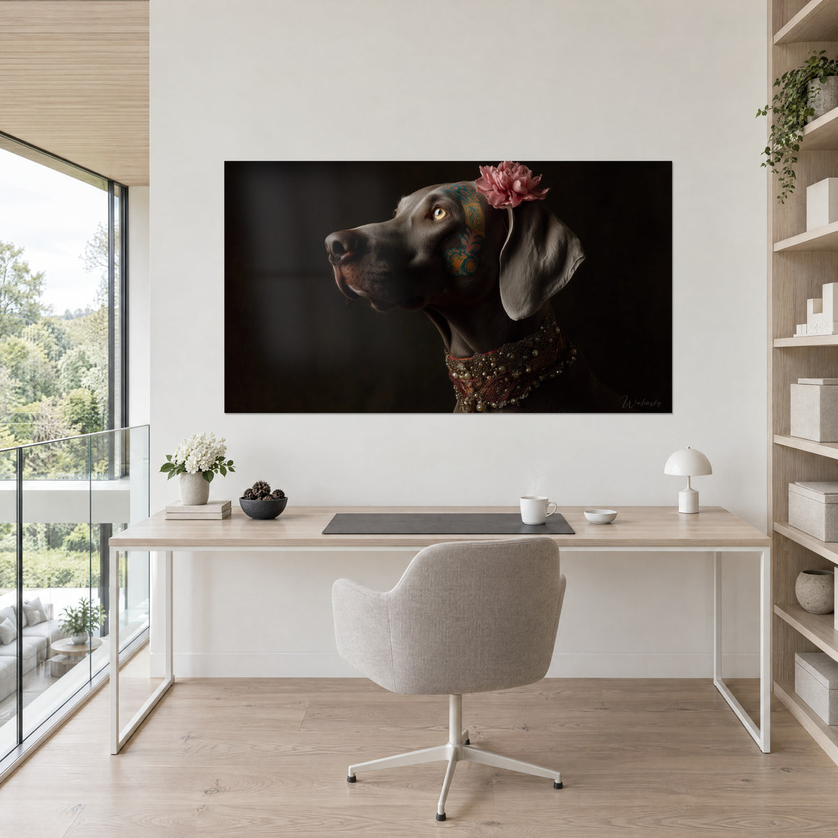 Πίνακας Weimaraner με κολιέ από ιβουάρ χάντρες και ρουμπίνια, ροζ λουλούδι στο αυτί, απέναντι από γραφείο από ανοιχτόχρωμο ξύλο, γκρι καρέκλα και ράφια