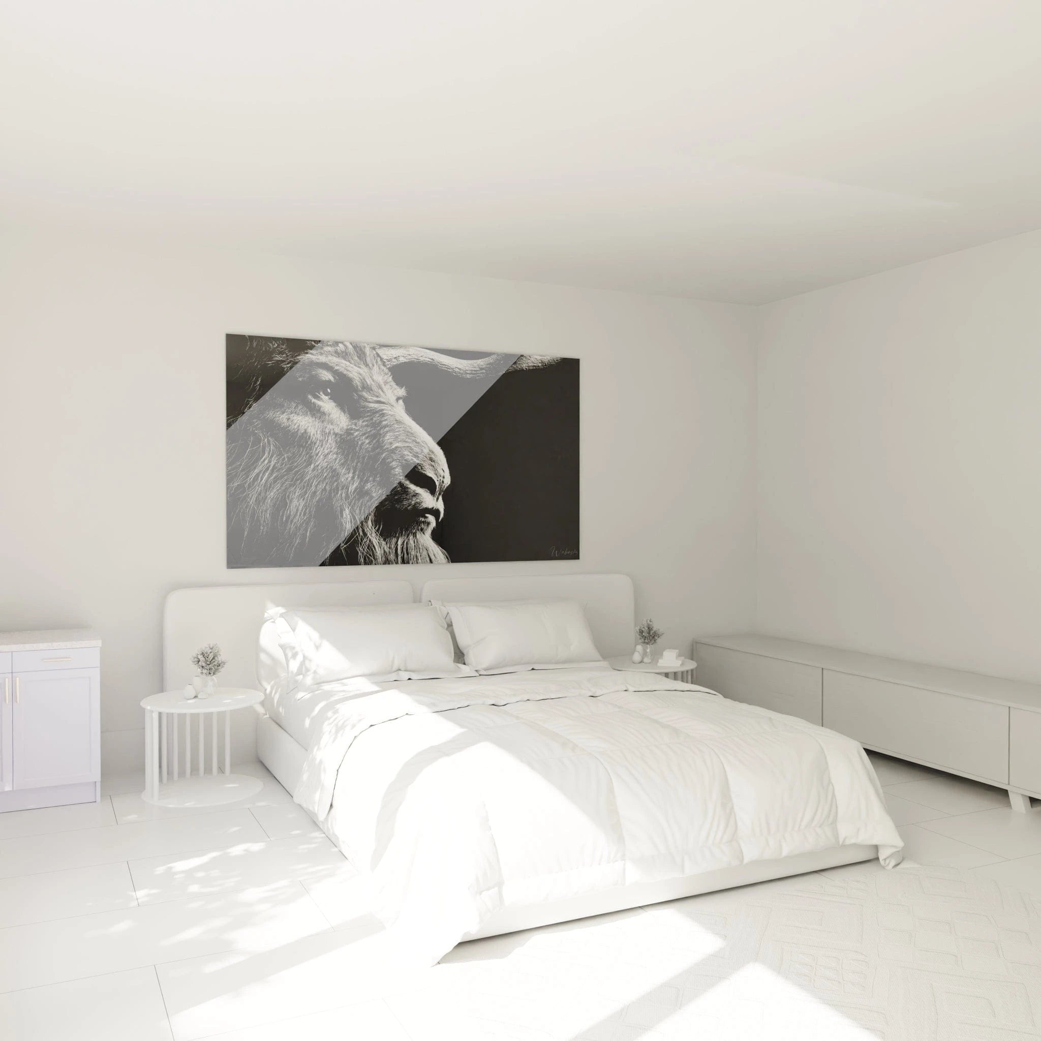 Tableau mural lion noir blanc ambiance chambre décoration animalière portrait majestueux style moderne