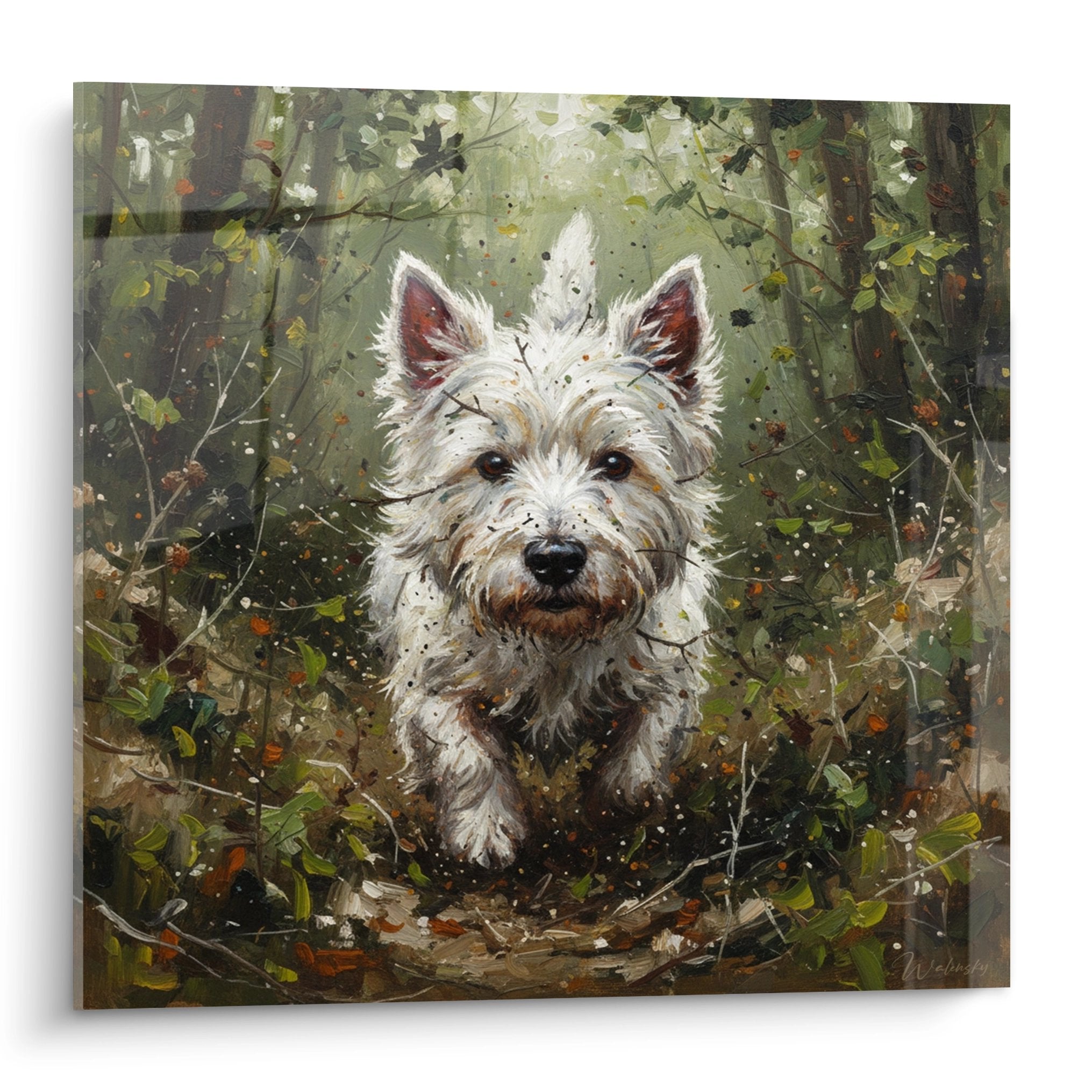 Tableau West Highland White Terrier blanc dans feuillage vert automne style peinture nature