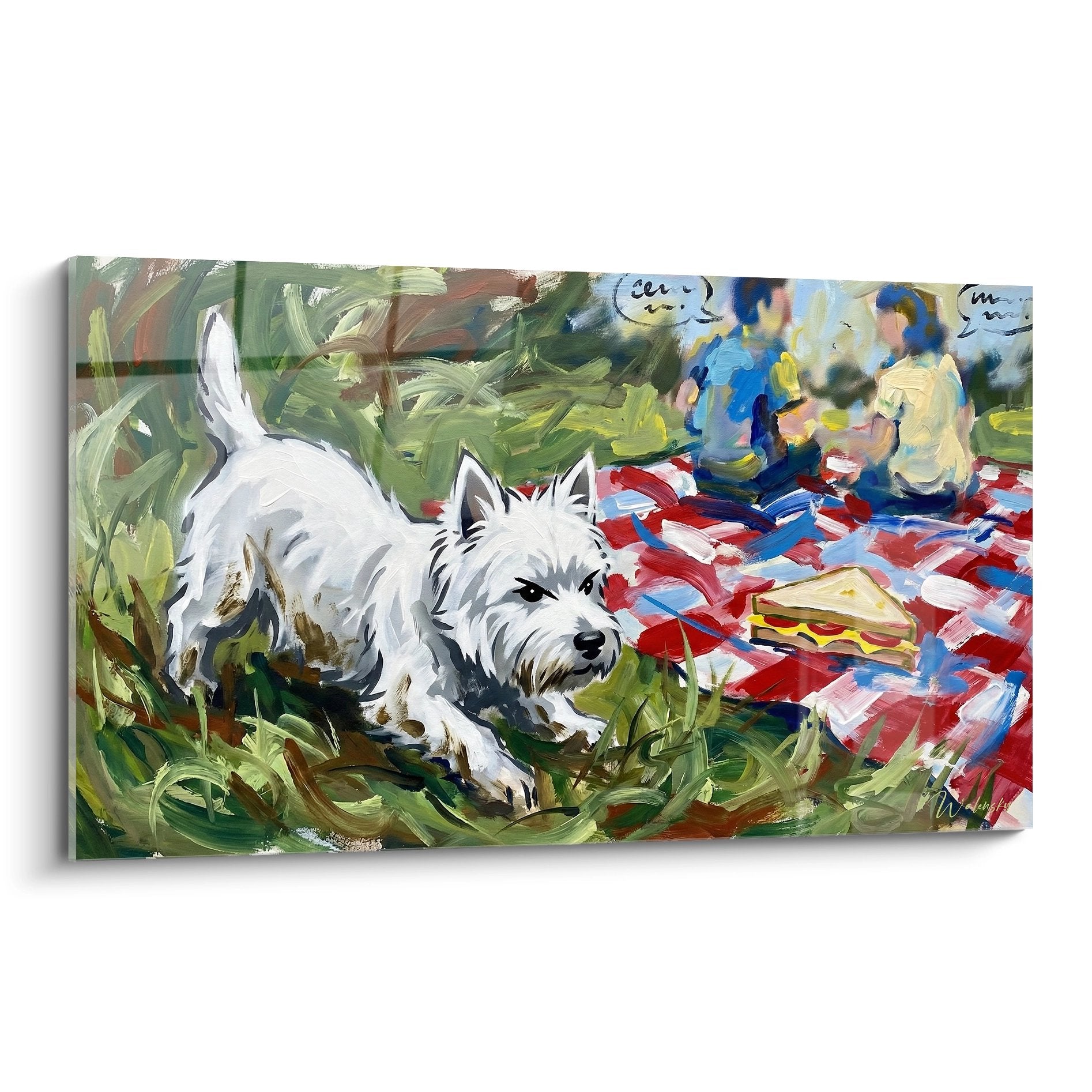 Tableau West Highland White Terrier blanc sur nappe carreaux rouge pique-nique champetre gourmand