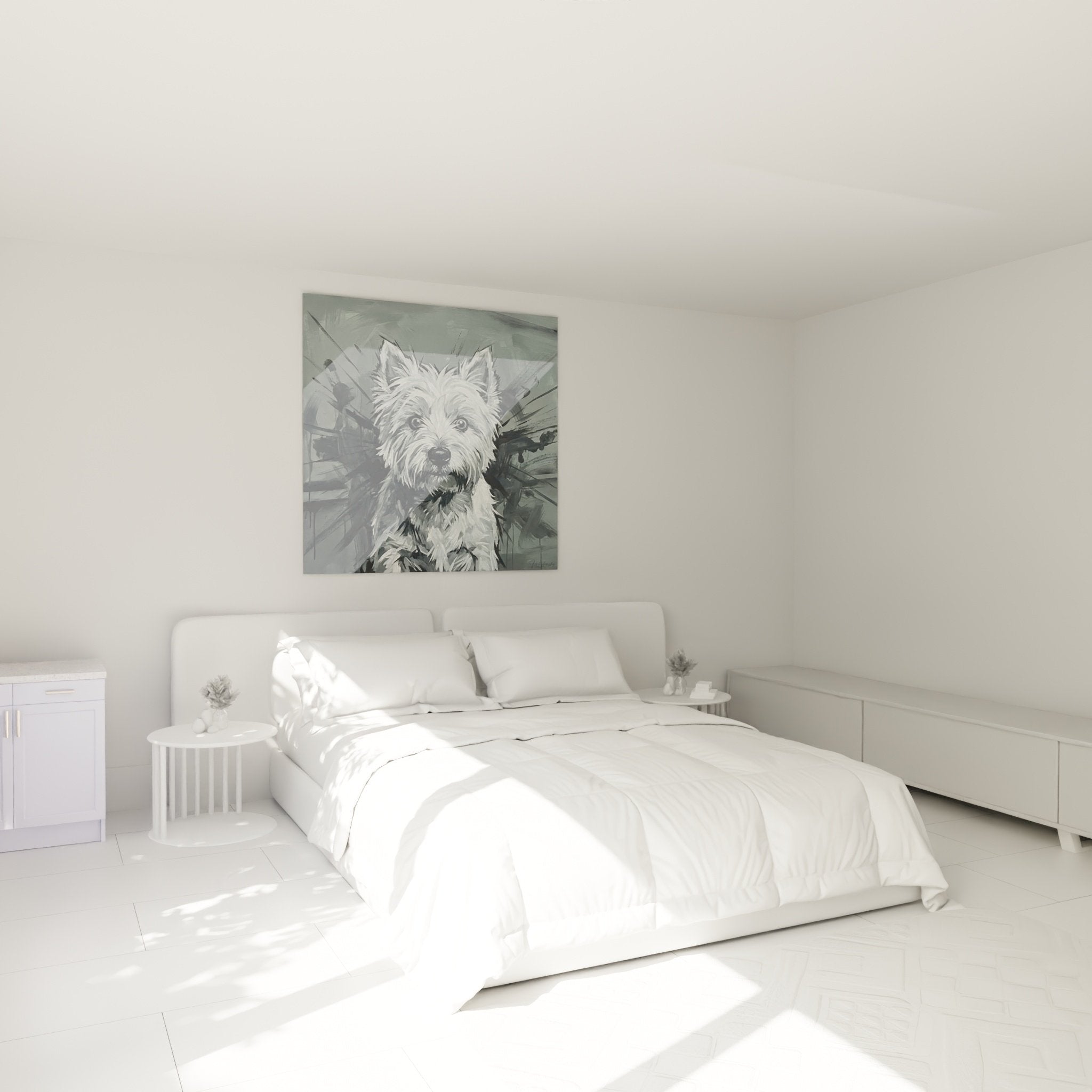Tableau West Highland White Terrier gris argente dans chambre moderne decoration murale elegante