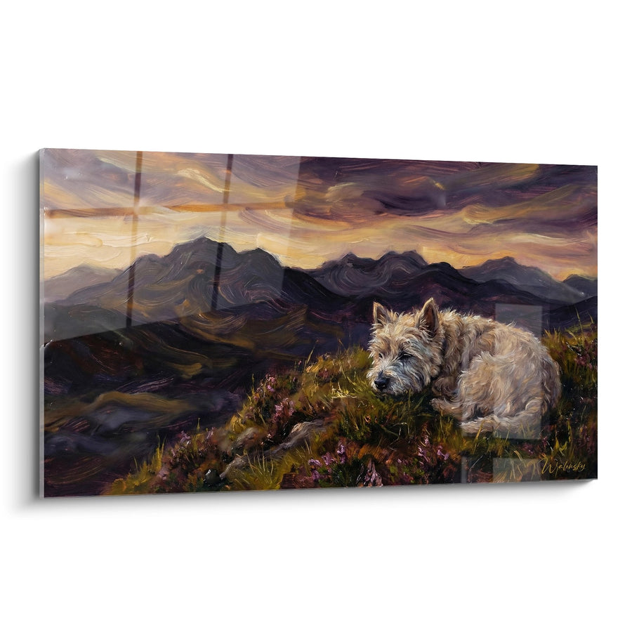 Tableau West Highland White Terrier dans un Paysage Montagneux au Coucher du Soleil - Repos Highland - Edition West Highland White Terrier