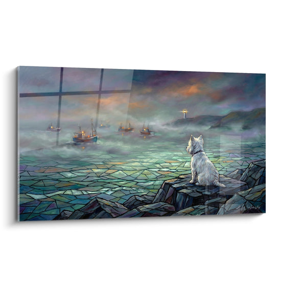 West Highland White Terrier sitting on tiled floor facing misty harbor with boats and lighthouse in blue and gold tones