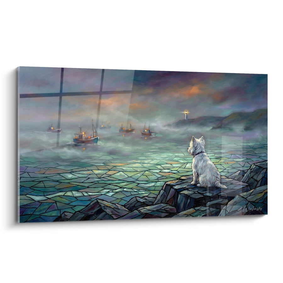 Tableau West Highland White Terrier Contemplant le Port dans la Brume - Rêverie Maritime - Edition West Highland White Terrier