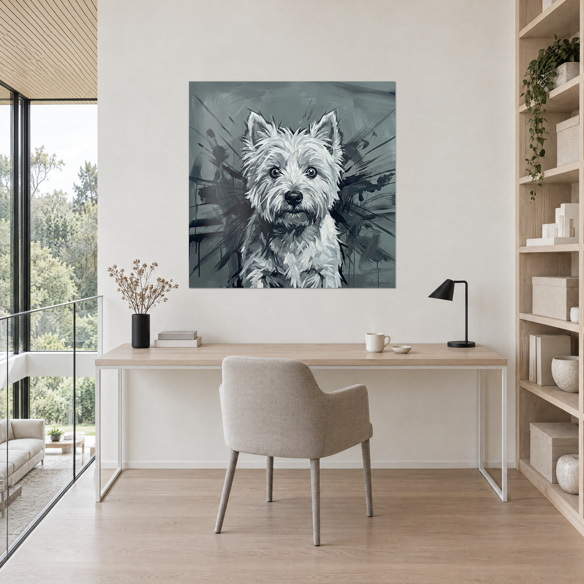 Cuadro westie de mirada expresiva, pelaje blanco con pinceladas plateadas, toques negros, pared blanca de un despacho con estanterías