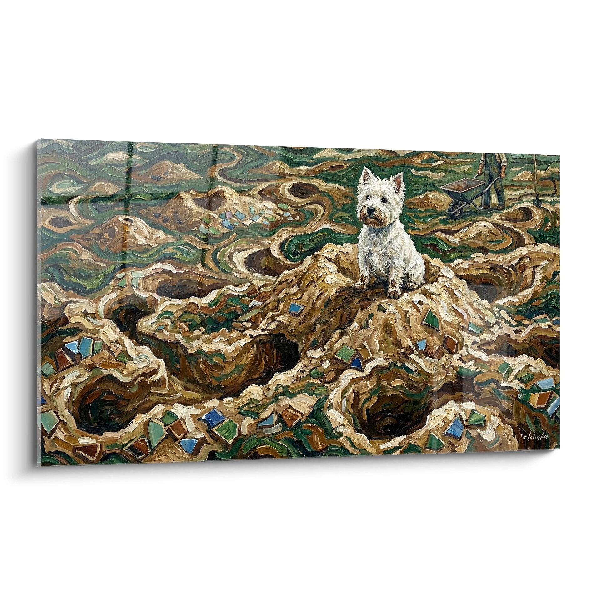 Tableau West Highland White Terrier blanc sur algues marines vertes et brunes en spirales avec fragments colores