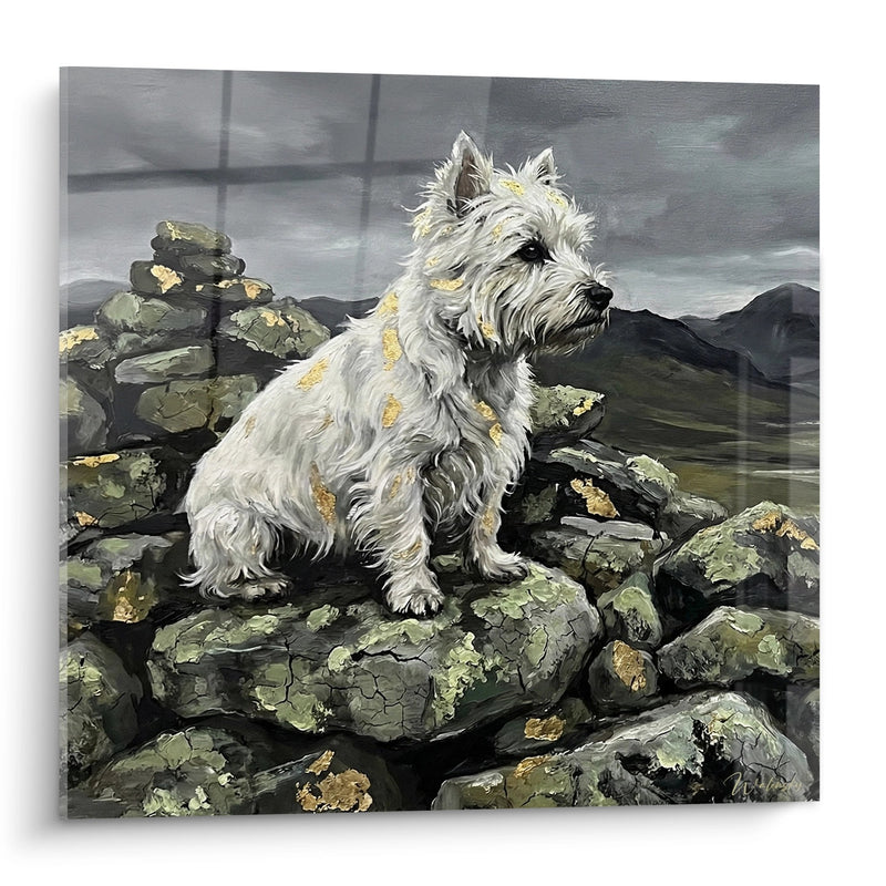 Tableau Westie Blanc sur Rochers avec Paysage de Montagnes - Liberté Highland - Edition West Highland White Terrier