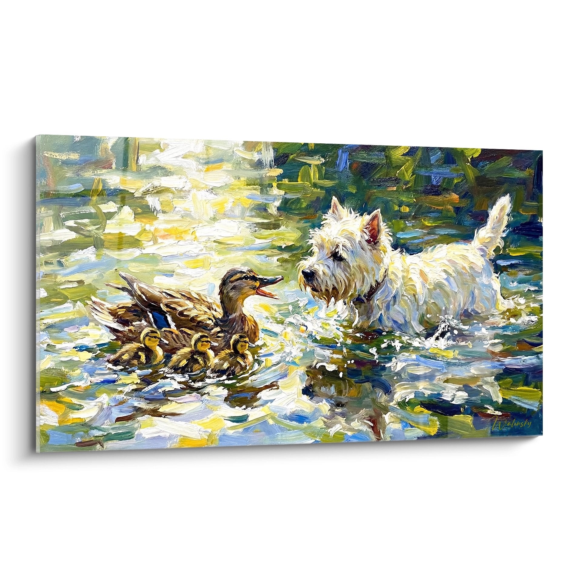 Tableau peinture West Highland White Terrier blanc avec canetons dans eau turquoise style impressionniste