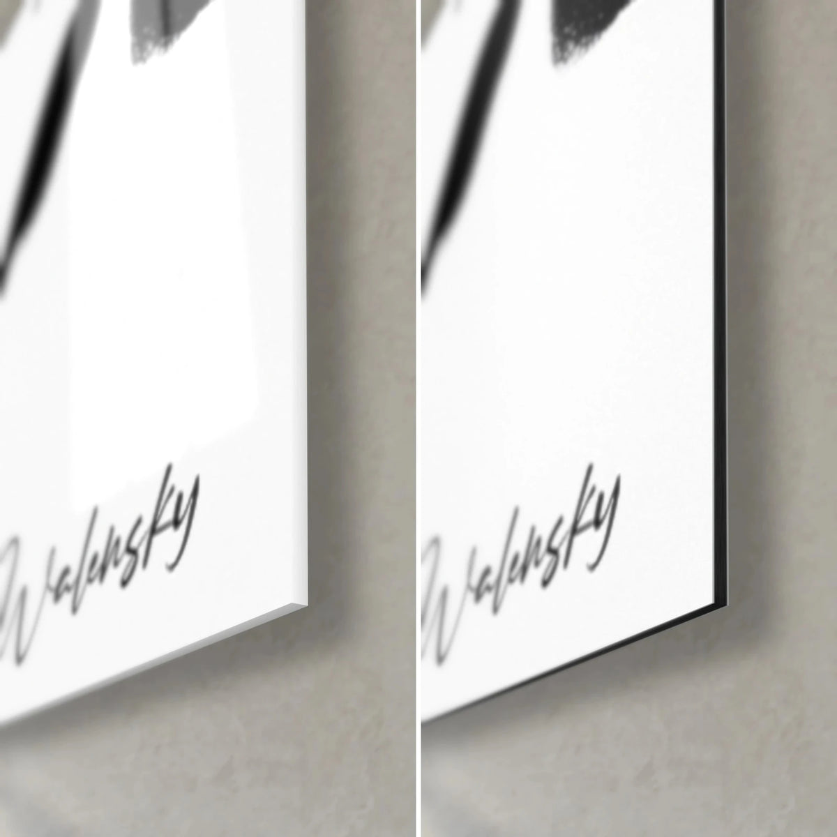 Wall art of irregular black dots on white, bottom right corner, Walensky signature, glossy glass on the left, matte Dibond on the right