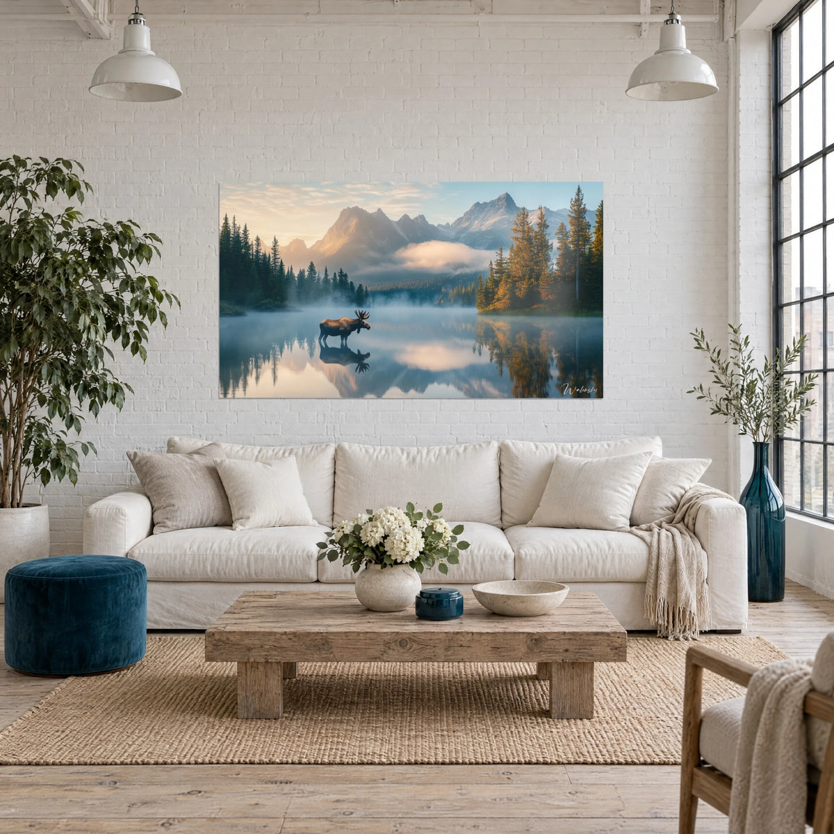 Schilderij van een elanda met donkere gewei aan een mistig meer, roze toppen en groene dennen, boven een bank in een lichte woonkamer