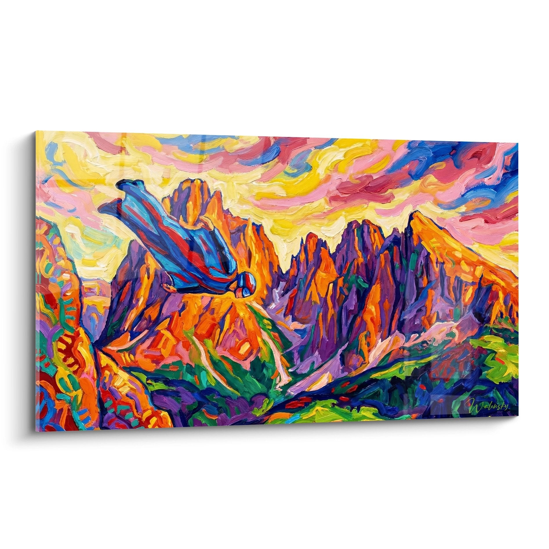 Tableau wingsuit paysage montagneux aux couleurs vives orange violet jaune style expressionniste art mural