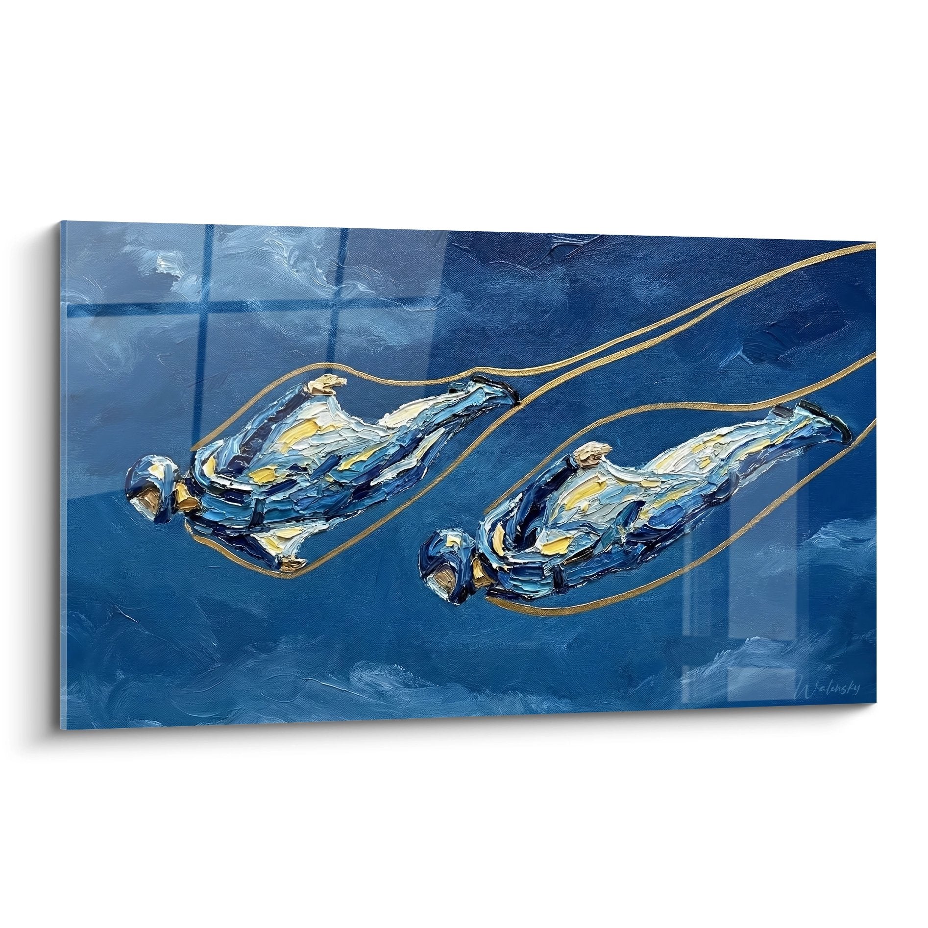 Tableau wingsuit deux parachutistes vol libre fond bleu ocean lignes dorees art mural moderne
