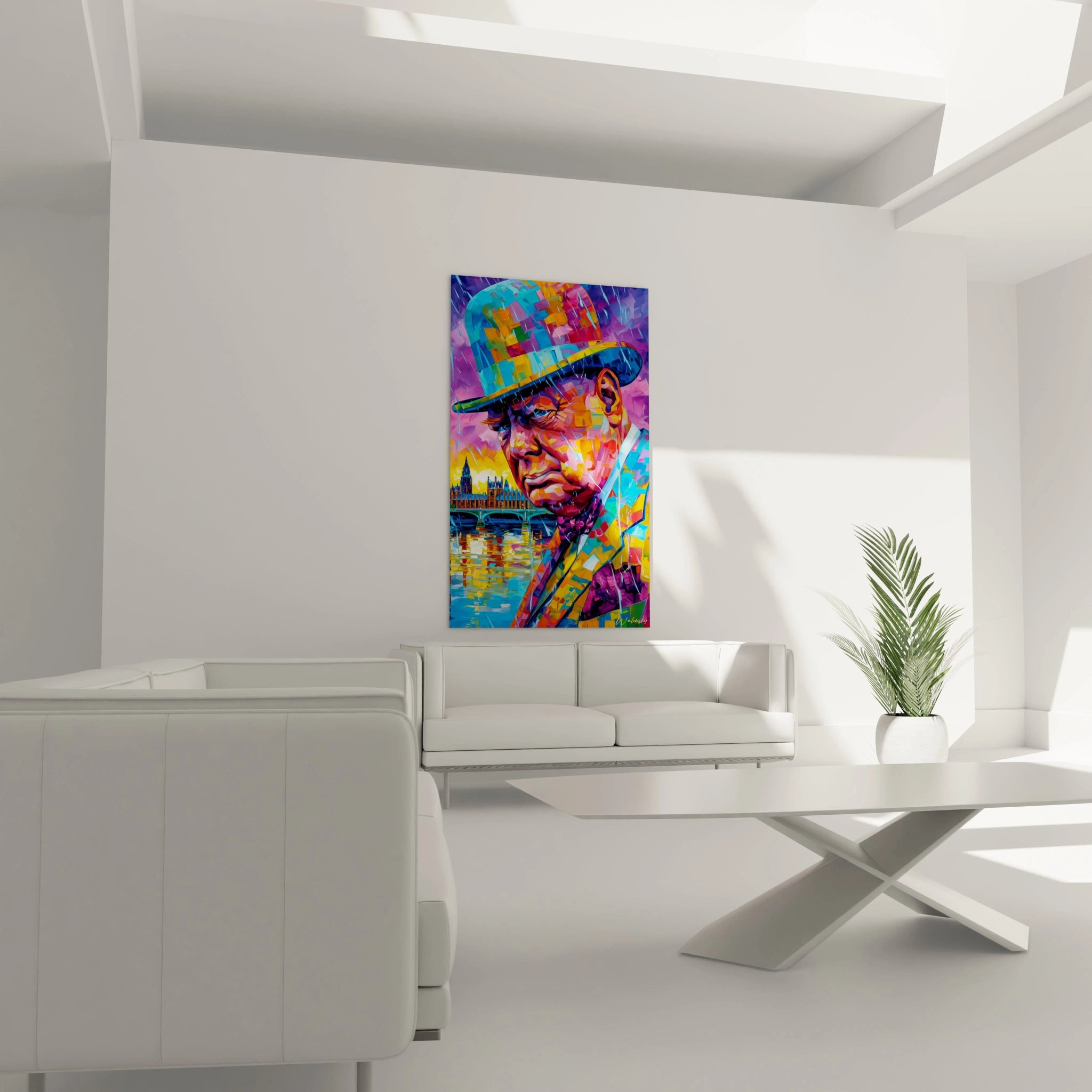 Impression murale Walensky présentant un tableau Winston Churchill contemporain coloré dans un salon blanc moderne
