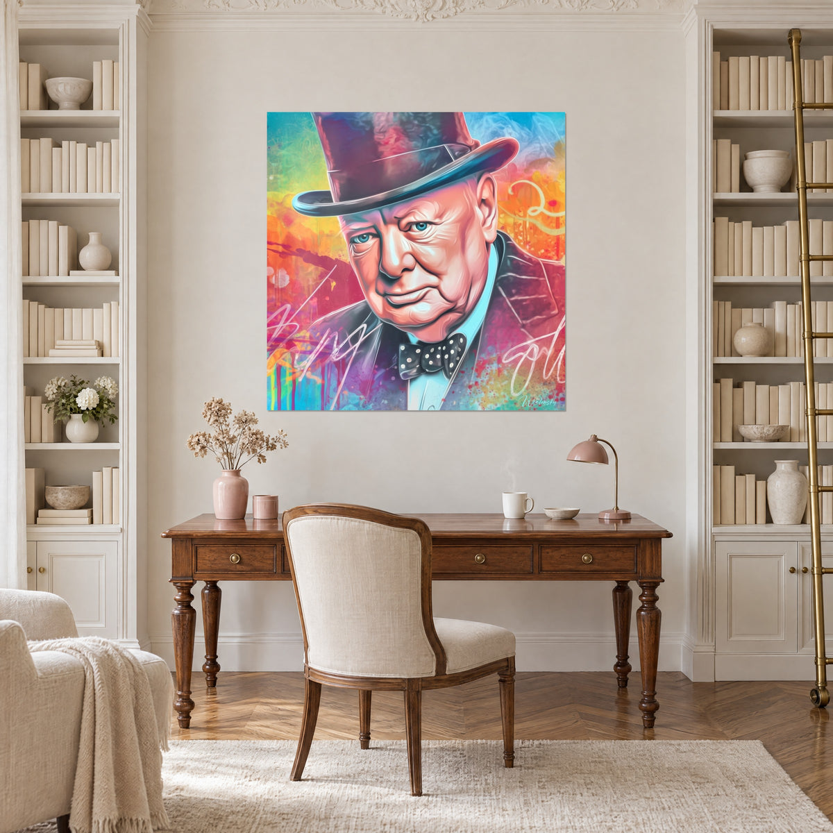 Obraz pop-artowy dżentelmen w ciemnej marynarce, koralowe i niebieskie pluski, zawieszony między dwiema biblioteczkami w gabinecie