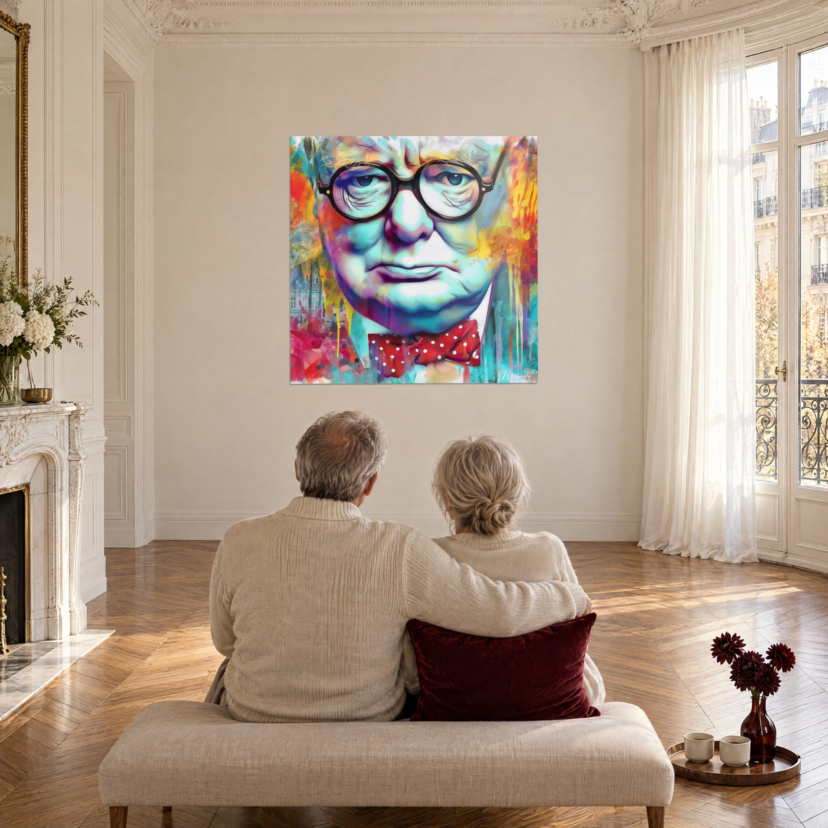 Cuadro figura con gafas de montura negra, planos rojo intenso y turquesa, frente a una pareja sentada en un banco de salón