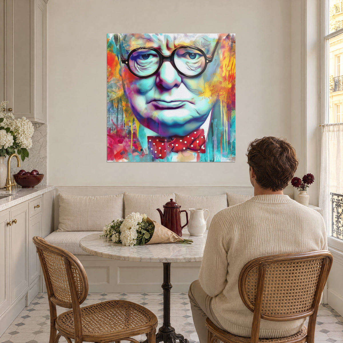 Cuadro personaje con pajarita roja, salpicaduras naranjas y violetas, frente a una mesa redonda en una cocina blanca