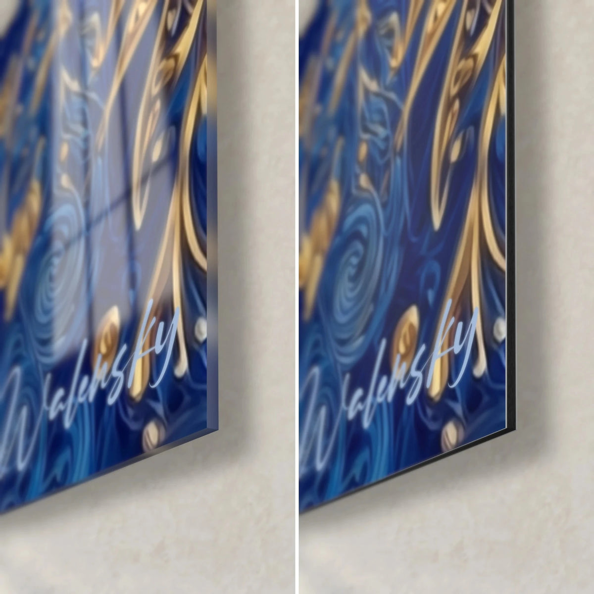 Schilderij Churchill in middernachtblauwe en gouden krullen, rechtsonder: glanzend acrylglas links, mat geborsteld Dibond-aluminium rechts