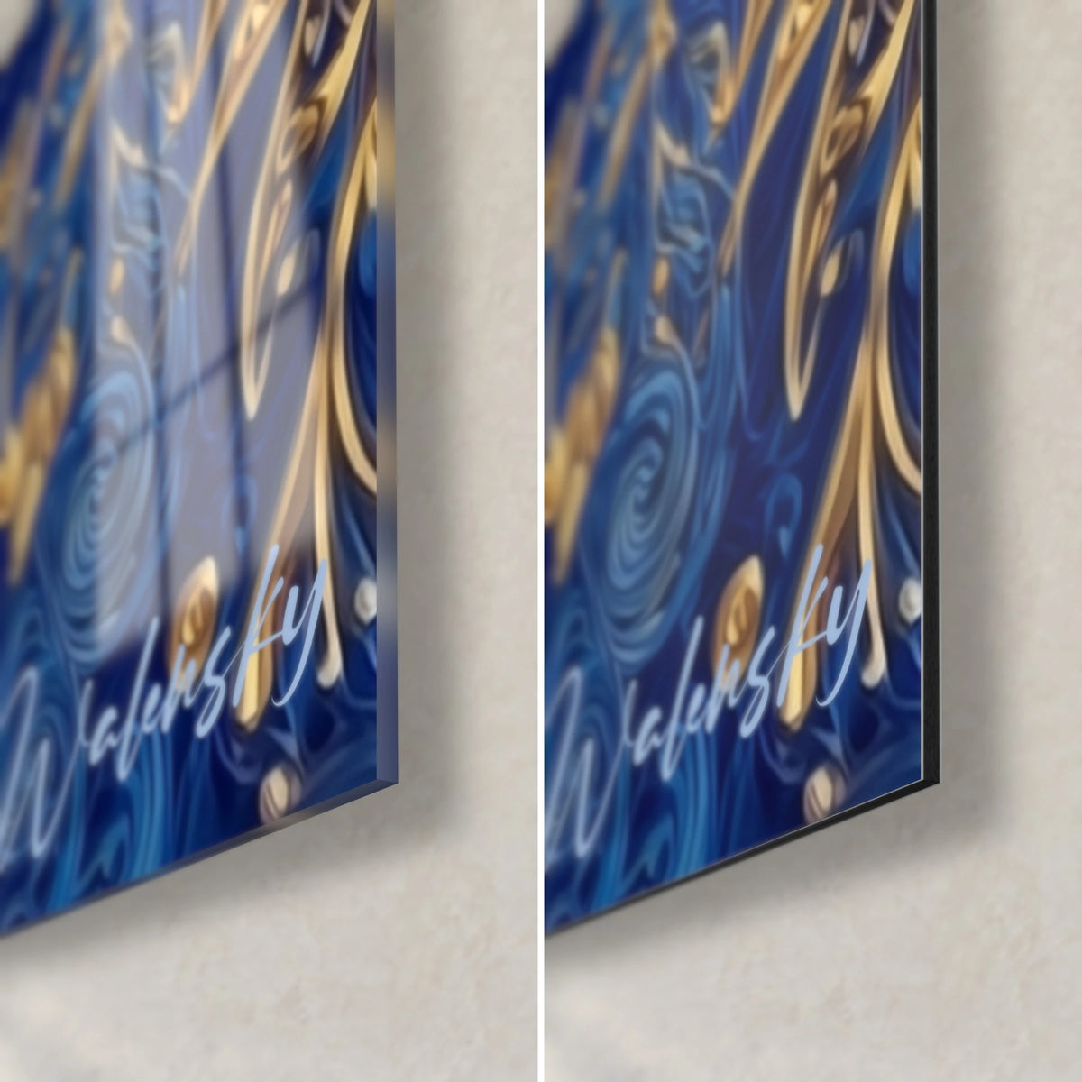 Cuadro Churchill en volutas azul noche y dorado, esquina inferior derecha: cristal acrílico brillante a la izquierda, aluminio Dibond mate a la derecha