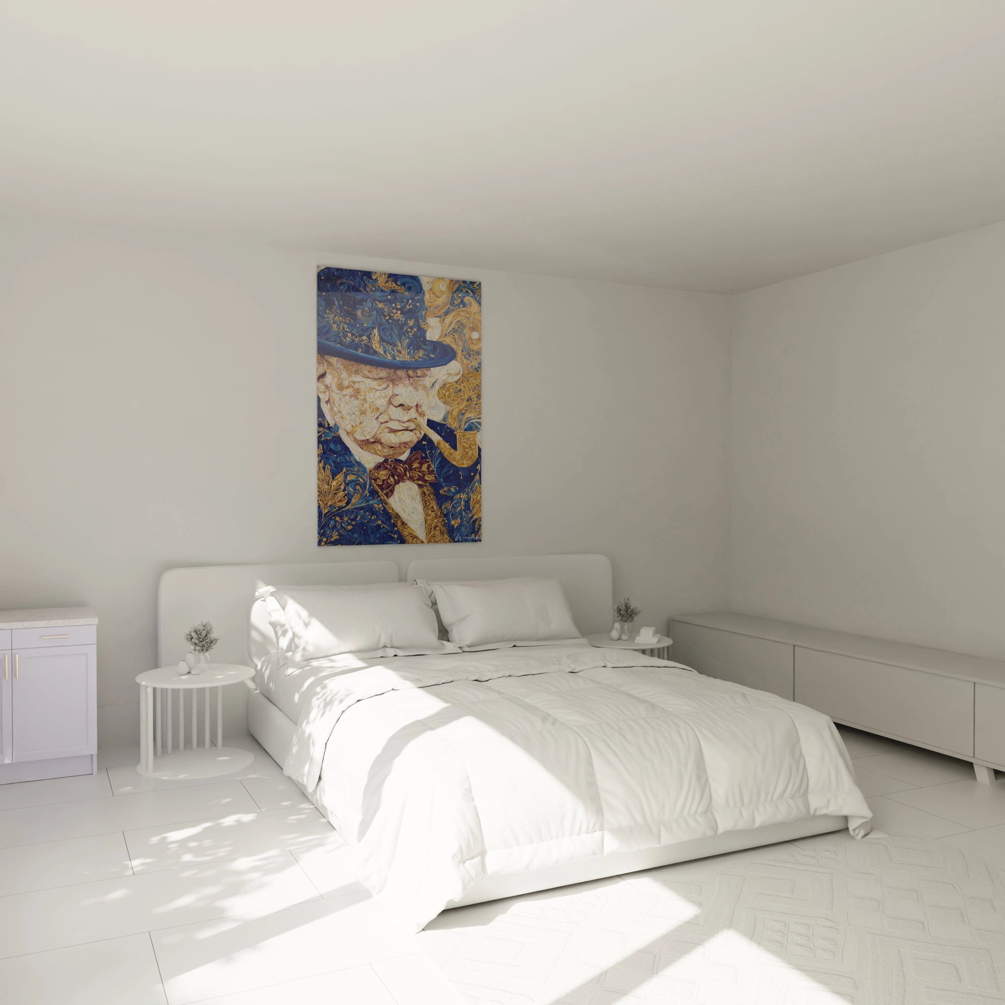 Chambre minimaliste avec lit blanc et tableau Winston Churchill contemporain Walensky aux tons bleus et or