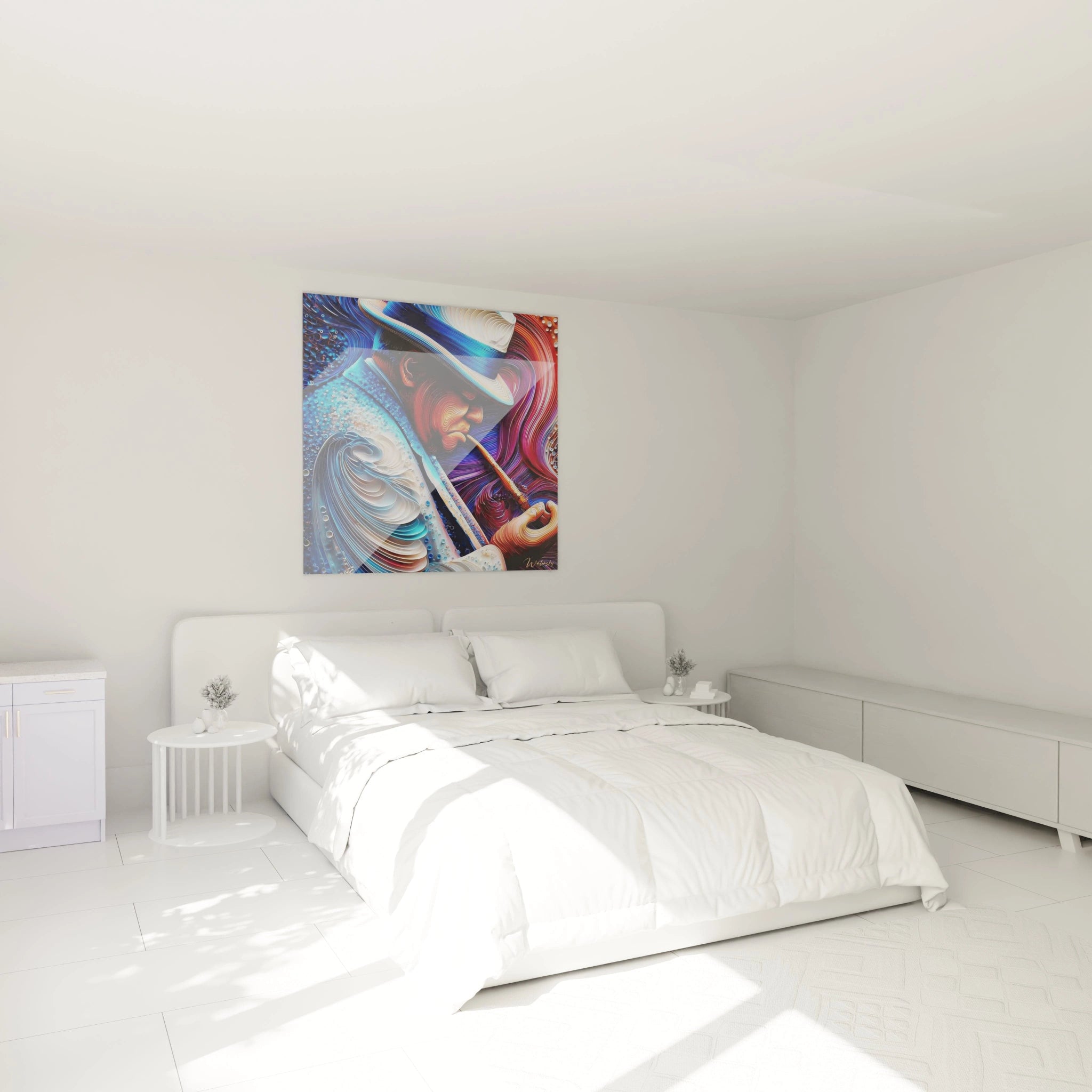 tableau Winston Churchill moderne Walensky portrait coloré abstrait accroché au dessus d un lit dans une chambre minimaliste