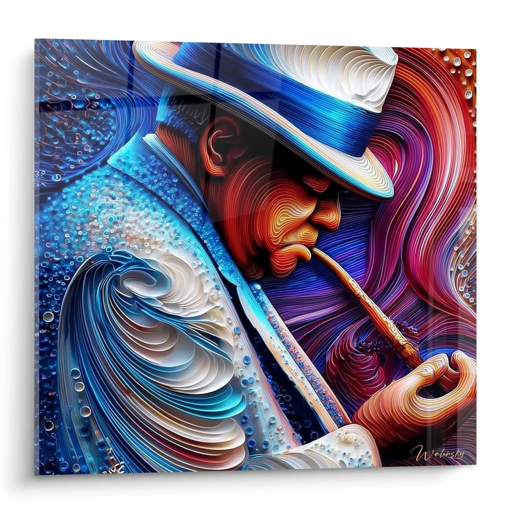 Tableau mural Walensky portrait masculin retro fumant une pipe style abstrait colore et texture