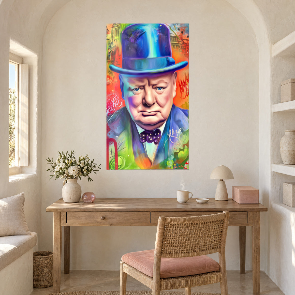 Gemälde Männerbüste mit elektrisch blauer Melone, Pop-Malerei in Orange- und Grüntönen, Wand eines Büros aus hellem Holz, beige Lampe
