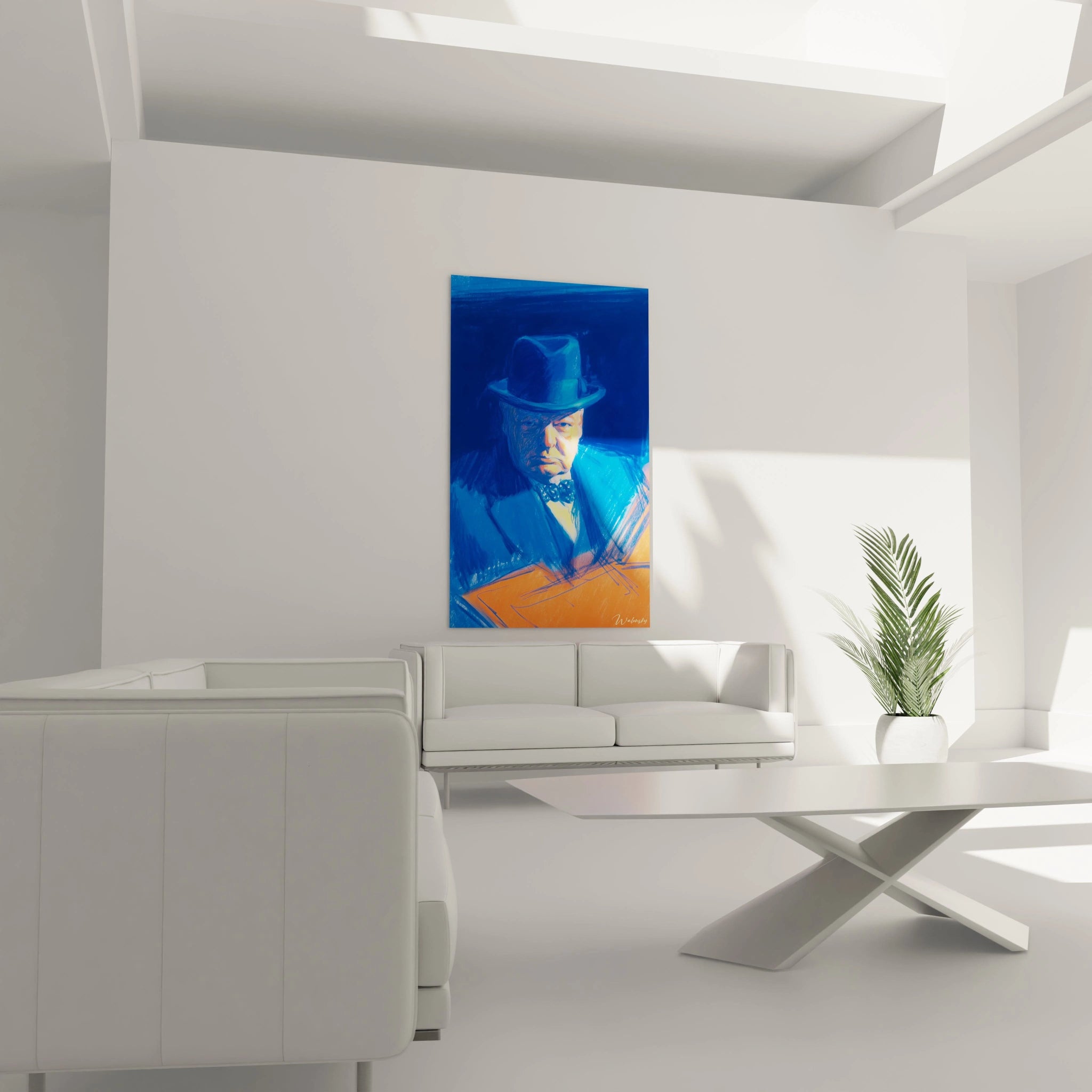 Tableau mural Walensky tableau Winston Churchill bleu portrait stylise en bleu et orange grand format pour salon moderne