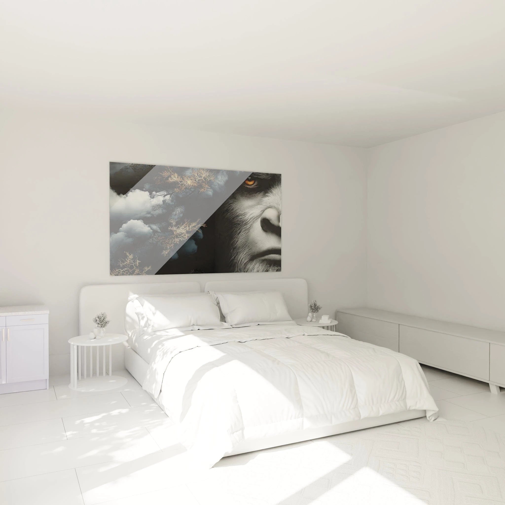 Tableau yeti mystique installé dans chambre moderne, décoration murale fantastique ambiance cosy