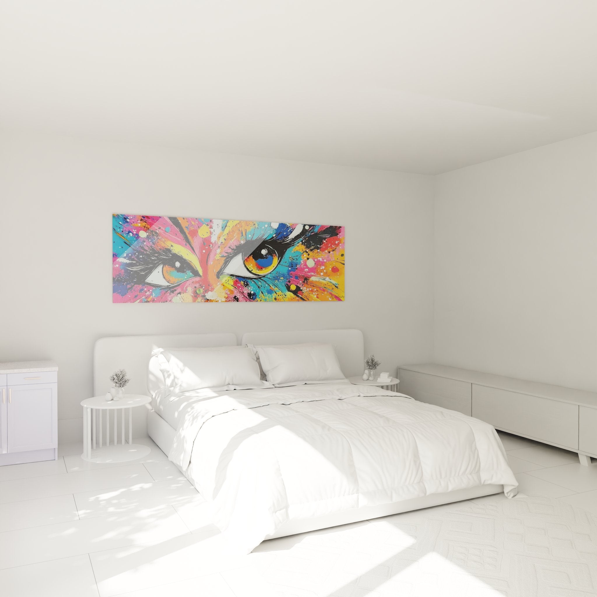 Tableau yeux abstraits colorés accroché dans chambre moderne, décoration murale artistique contemporaine