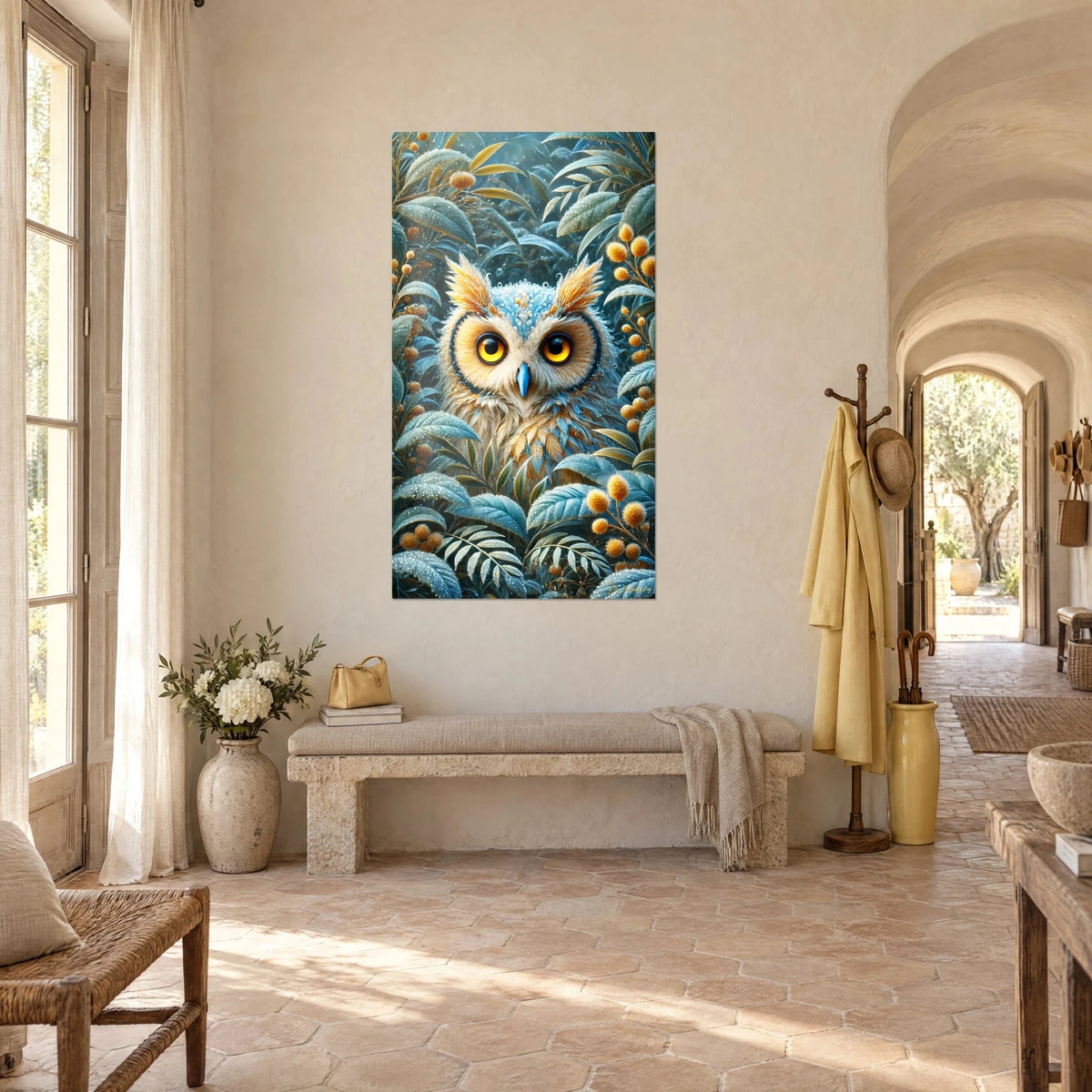 Tableau chouette au bec bleu ciel, aigrettes ocre et feuillage vert-de-gris perlé de rosée, vue de trois-quarts au mas provençal