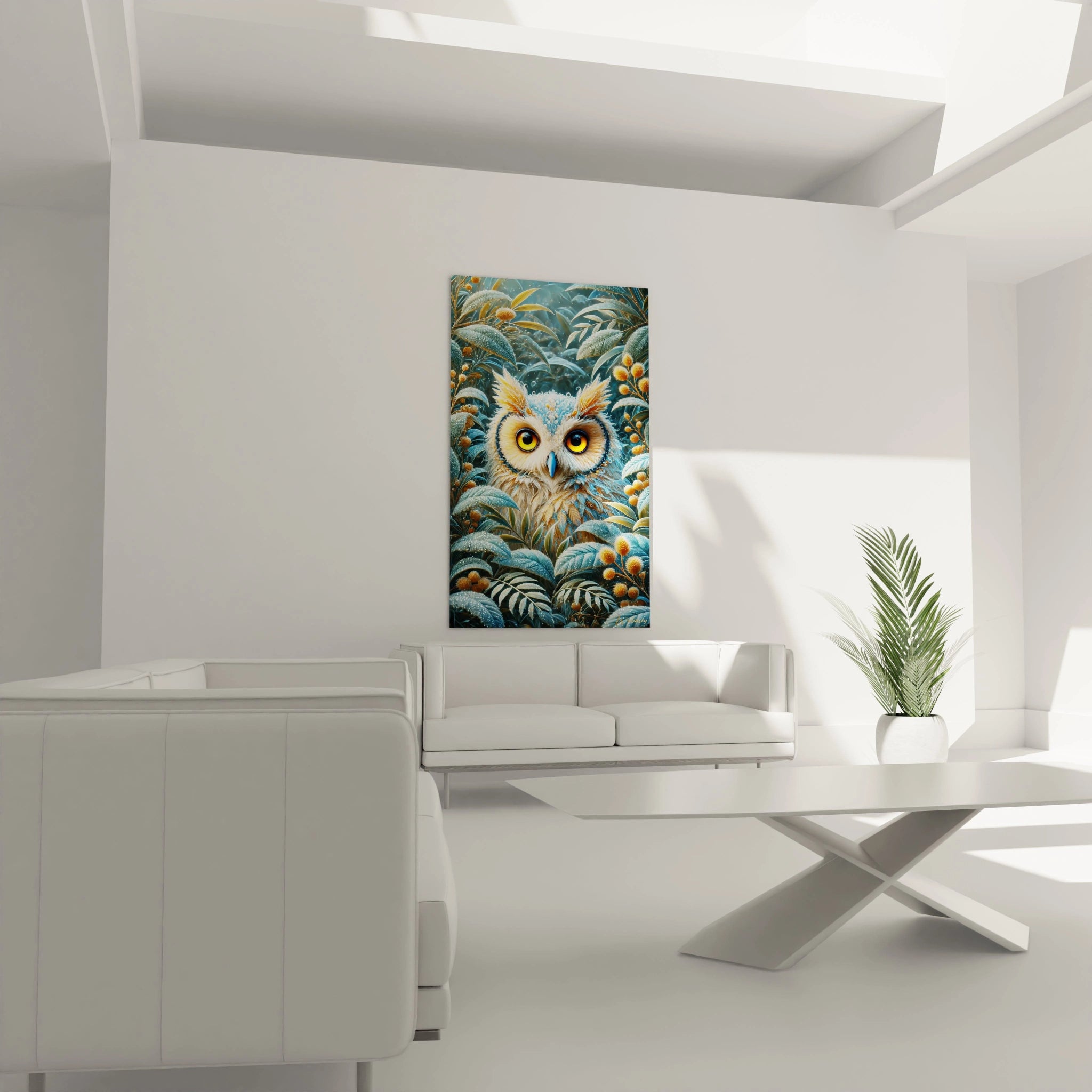 Ce tableau hibou est accroché dans un salon au-dessus du canapé, apportant une touche de sérénité et de nature luxuriante. Les yeux perçants du hibou attirent l'attention et ajoutent du caractère à la pièce.


