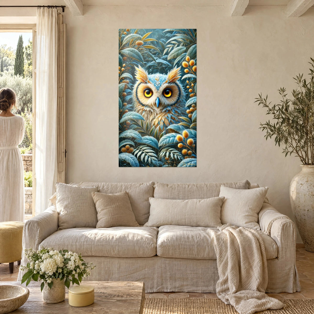 Tableau hibou aux yeux jaune d'or, plumage bleu givré et boules mimosa orange, au-dessus d'un canapé dans un salon lumineux