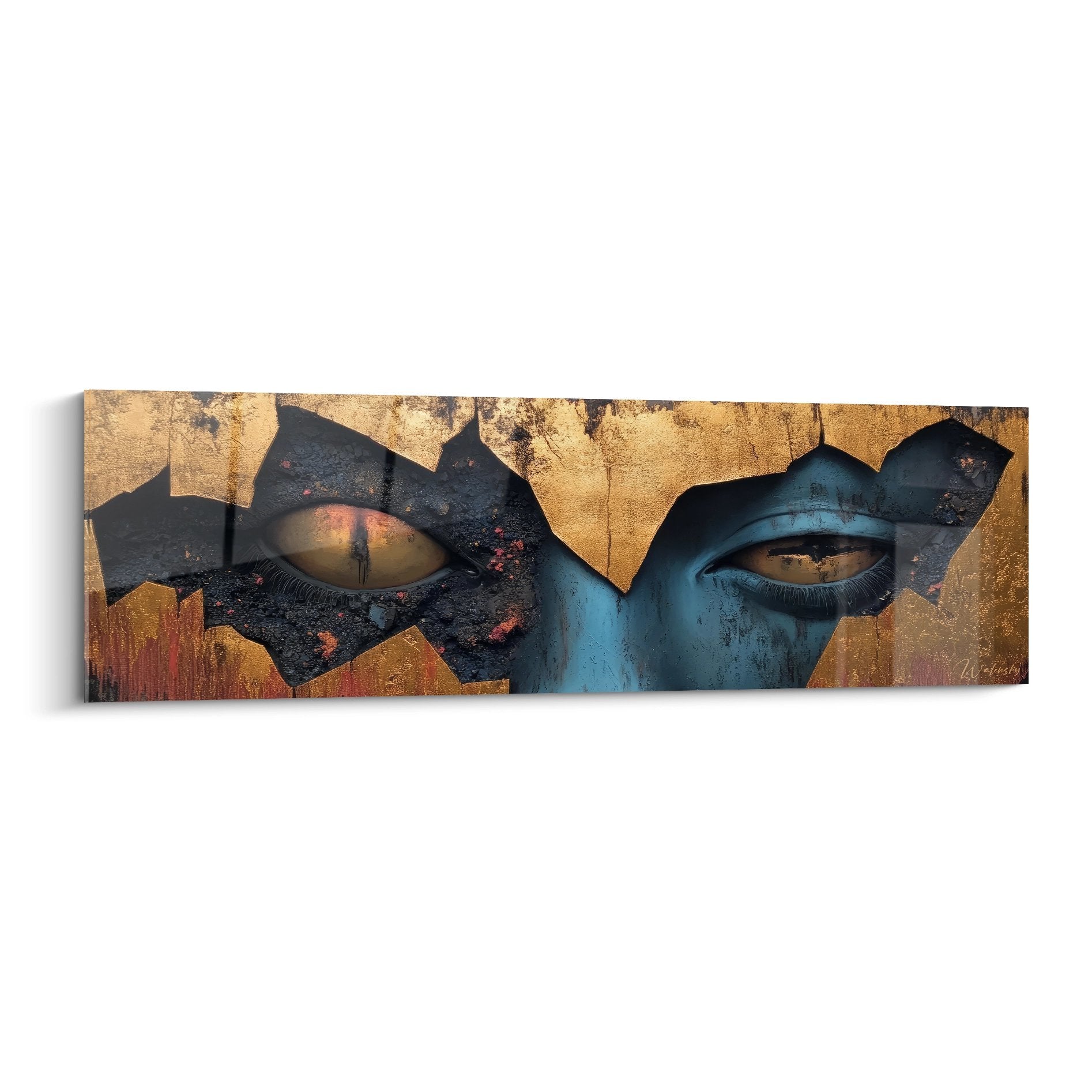 Tableau mural yeux masqués figuratif abstrait avec regards perçants et fond doré texturé