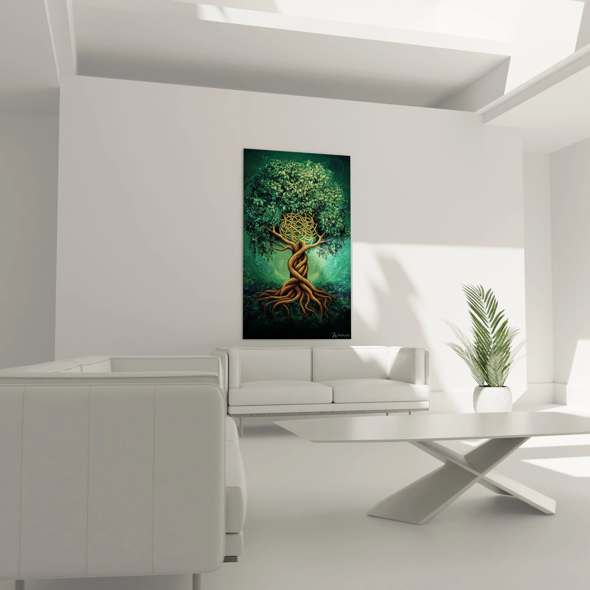 Un tableau symbolique figurant Yggdrasil avec son tronc doré formant des entrelacs vikings, des racines étendues et un feuillage vert éclatant. L'arbre-monde se dresse majestueux sur un arrière-plan vert mystique.
